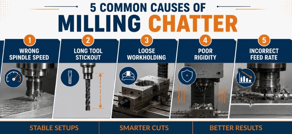 5 common causes of milling chatter infographic for CNC machining