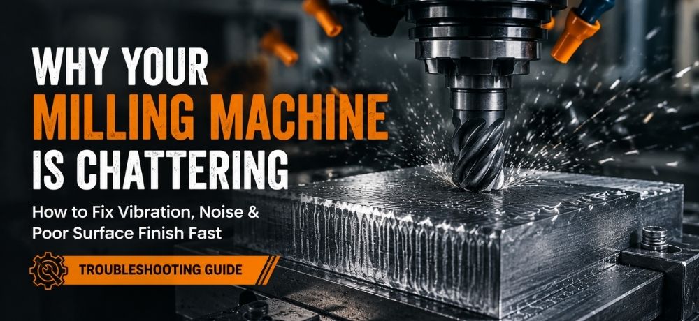 CNC milling machine cutting aluminum with visible chatter vibration and rough surface finish