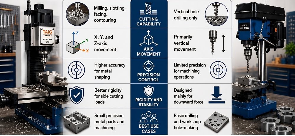 Mini mill vs drill press infographic comparing precision, axis movement, cutting capability, and metalworking applications