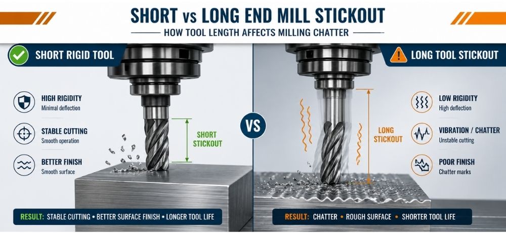 Short vs long end mill chatter comparison diagram