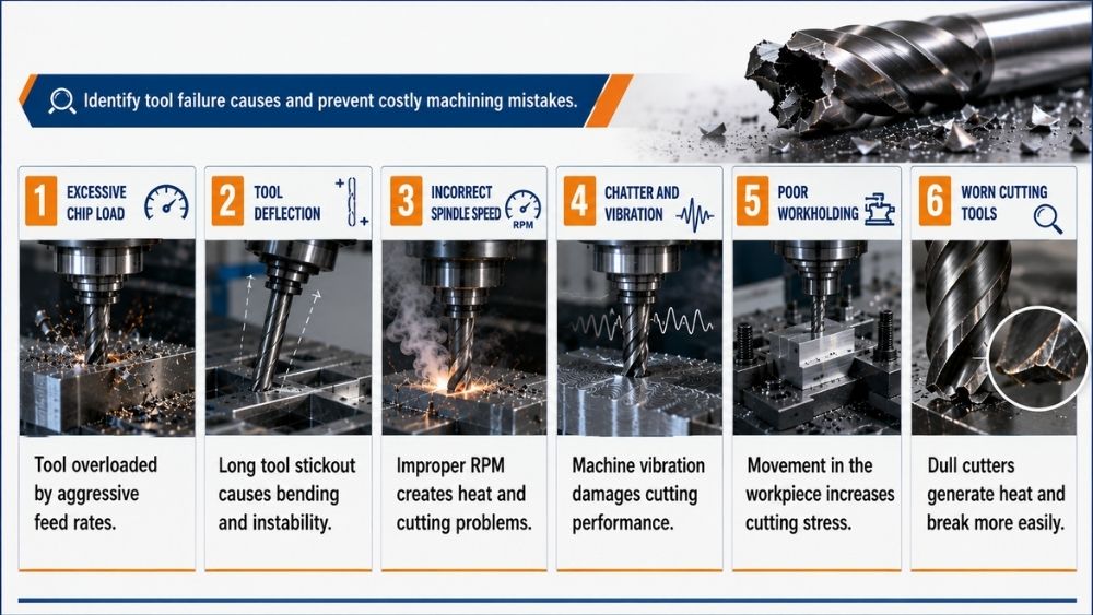 Infographic showing common causes of end mill breakage, including chip load, deflection, spindle speed, chatter, workholding, and tool wear