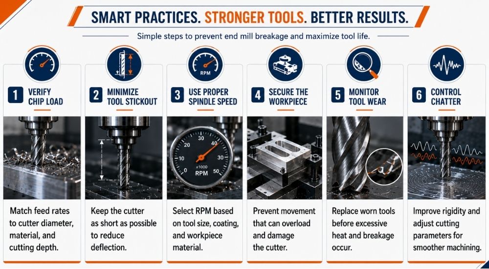 Troubleshooting infographic on end mill breakage, showing common problems, causes, and fixes for small milling machines