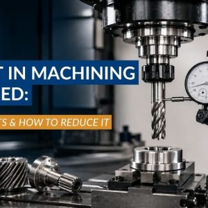 Runout in machining illustration showing spindle, tool, and dial indicator