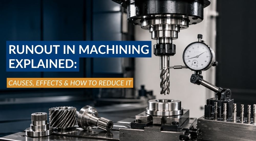Runout in machining illustration showing spindle, tool, and dial indicator