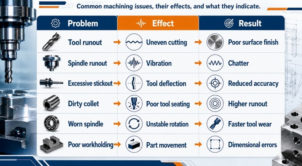 Troubleshooting infographic showing how runout affects machining performance