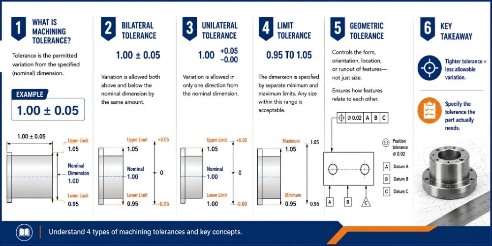 Infographic explaining bilateral, unilateral, limit, and geometric machining tolerances