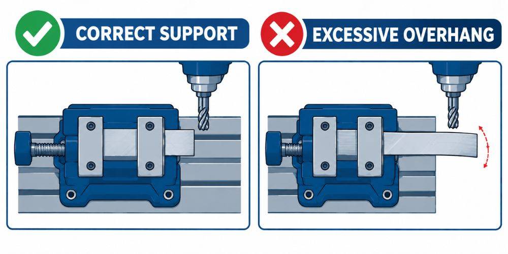 Diagram comparing correct workpiece support versus excessive overhang in a milling vise